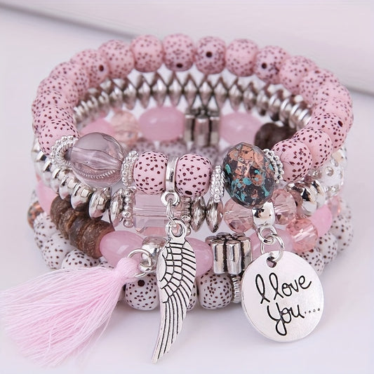 4pcs/Set Enchanting Love Wings Tassel Bracelet Ensemble - Lustrous Volcano Stone Beads & Multicolored Strands - Bohemian Chic Retro Style - Perfect Holiday Gift