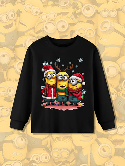 Boys' Minions Cartoon Christmas T-Shirt, Casual Cotton Long Sleeve Top, Festive Holiday Gift, Perfect for Birthday, Outdoor Wear, Loose Fit, Knit Fabric, Round Neck, Cartoon Pattern, Spring/Autumn Season