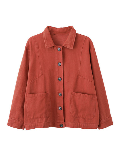 xakxx Vintage Loose Long Sleeves Buttoned Solid Color Lapel Collar Outerwear