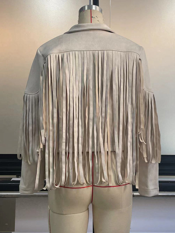 xakxx Long Sleeves Solid Color Split-Joint Tasseled Notched Collar Jackets