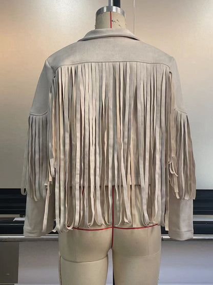 xakxx Long Sleeves Solid Color Split-Joint Tasseled Notched Collar Jackets