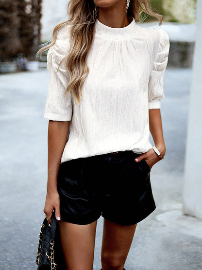 xakxx Half Sleeves Loose Hollow Pleated Solid Color Mock Neck T-Shirts Tops