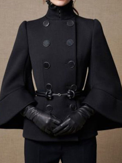 xakxx Flared Buttoned Solid Color High Neck Jackets&Coats Outerwear Woolen Coat