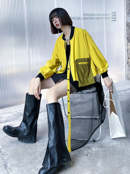 xakxx Stylish Split-Joint With Pocket Mesh Buttoned Stand Collar Long Sleeves Jacket Outwear