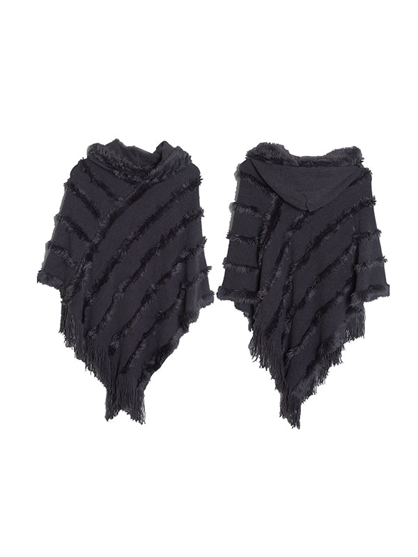 xakxx Hooded Keep Warm Solid Color Tasseled Cape Shawl&Cloak