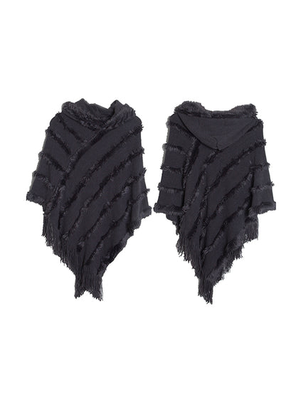 xakxx Hooded Keep Warm Solid Color Tasseled Cape Shawl&Cloak