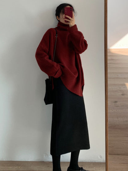 xakxx Casual Long Sleeves Loose Solid Color High-Neck Sweater Tops