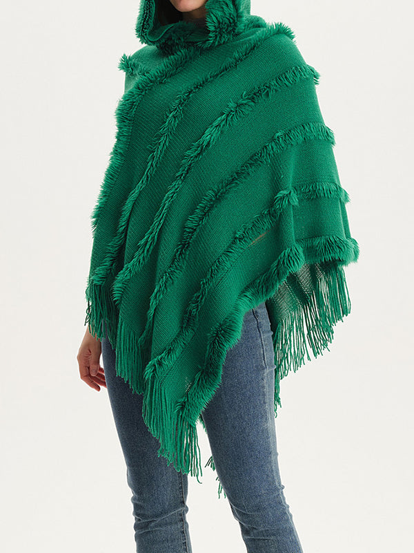 xakxx Hooded Keep Warm Solid Color Tasseled Cape Shawl&Cloak