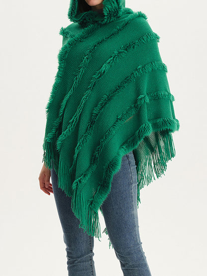 xakxx Hooded Keep Warm Solid Color Tasseled Cape Shawl&Cloak