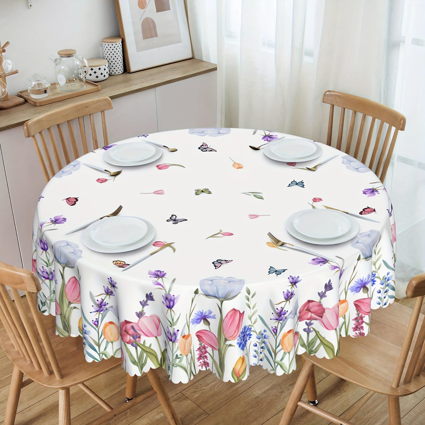 1pc Of Tulip Flower Butterfly Tablecloth, Spring Table Decoration, Edge Embossing Process, Printed Tablecloth, Anti-fouling, Waterproof, Wrinkle-free, Suitable For Daily Family Kitchen, Restaurant Terrace Indoor And Outdoor Use