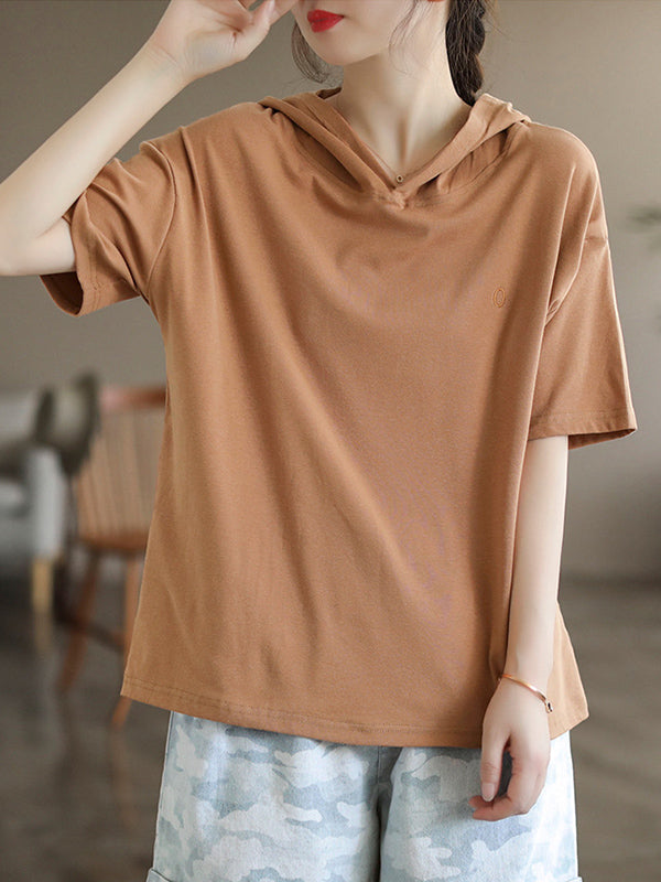 xakxx Short Sleeves Hooded Solid Color Hooded T-Shirts Tops