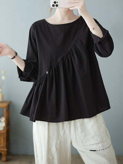 xakxx Casual Loose Long Sleeves Solid Color Round-Neck T-Shirts Tops