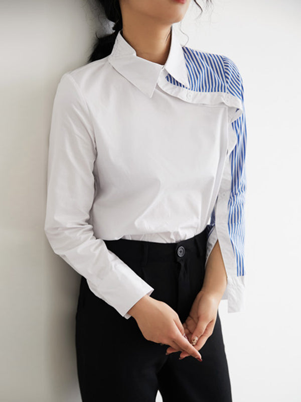 xakxx Long Sleeves Irregularity Striped Solid Contrast Color Lapel Collar Blouses