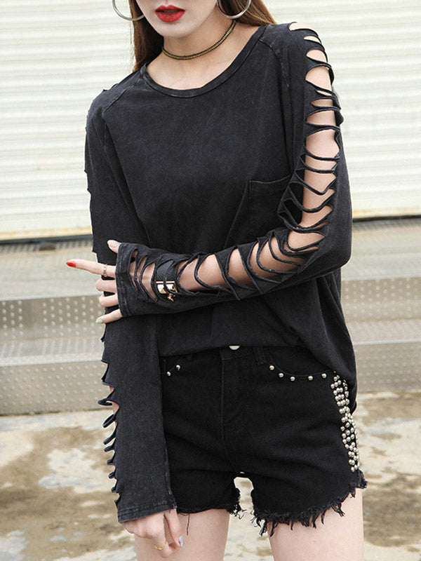 xakxx Long Sleeves Loose Hollow Solid Color Split-Joint Round-Neck T-Shirts
