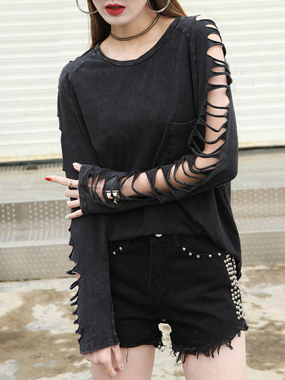 xakxx Long Sleeves Loose Hollow Solid Color Split-Joint Round-Neck T-Shirts
