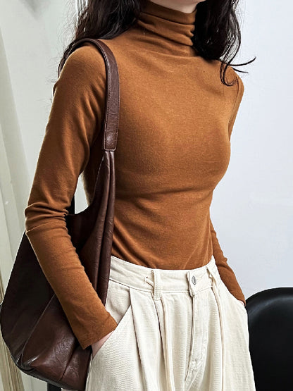 xakxx Long Sleeves Skinny Solid Color Split-Joint High Neck T-Shirts