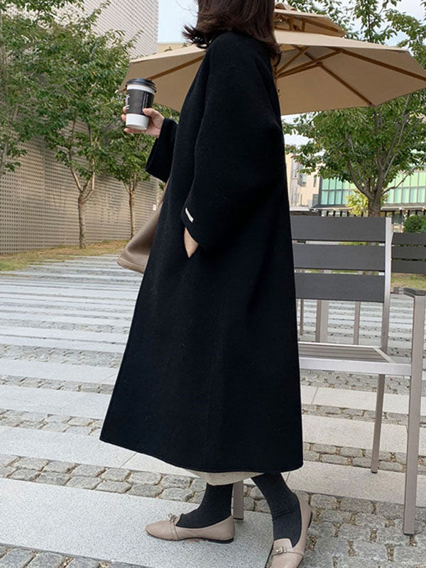 xakxx Long Sleeves Loose Solid Color Collarless Woolen Coat