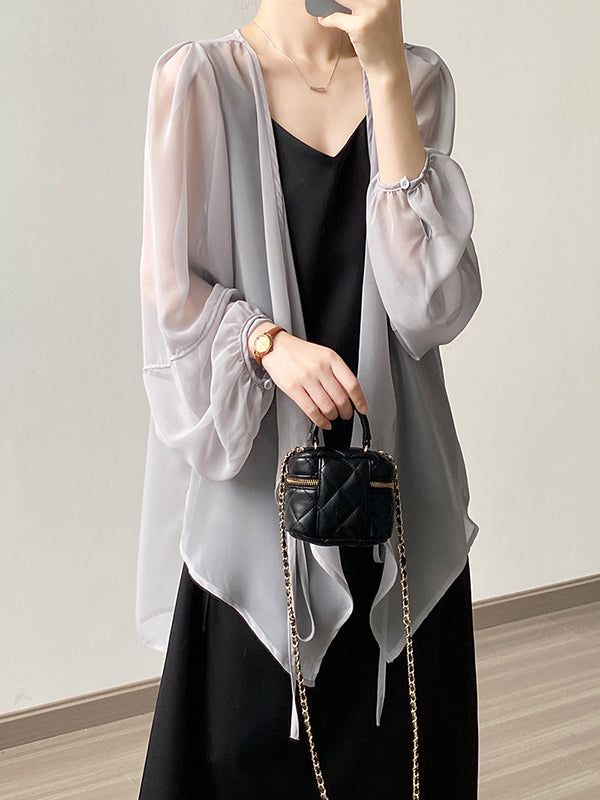 xakxx Bishop Sleeve Long Sleeves See-Through Split-Joint Tied Collarless Blouses&Shirts Tops