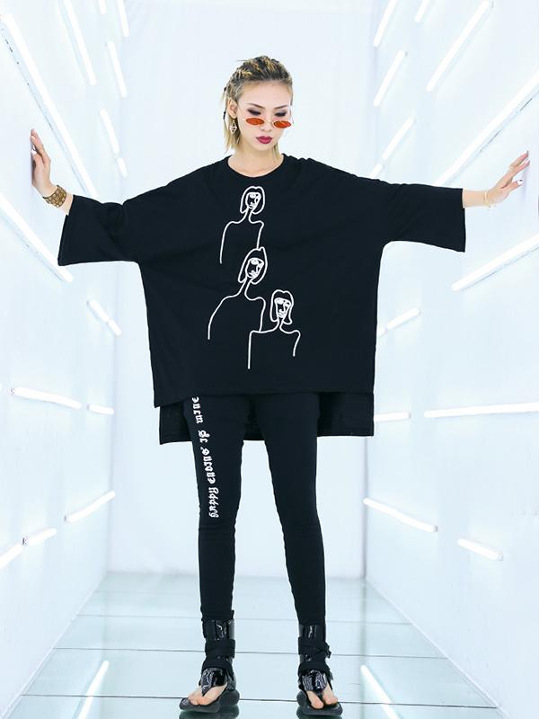 xakxx Embroidered Black&White Loose Round-Neck T-Shirt