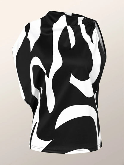 xakxx Loose Sleeveless Asymmetric Contrast Color Printed One-Shoulder T-Shirts Tops