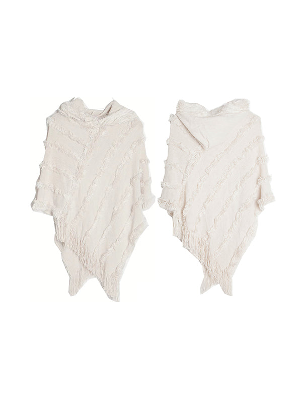 xakxx Hooded Keep Warm Solid Color Tasseled Cape Shawl&Cloak