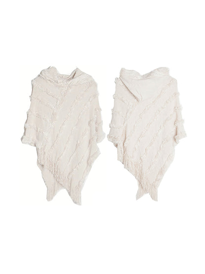 xakxx Hooded Keep Warm Solid Color Tasseled Cape Shawl&Cloak