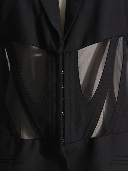 xakxx Long Sleeves Buckle Gauze See-Through Solid Color Split-Joint Notched Collar Blazer