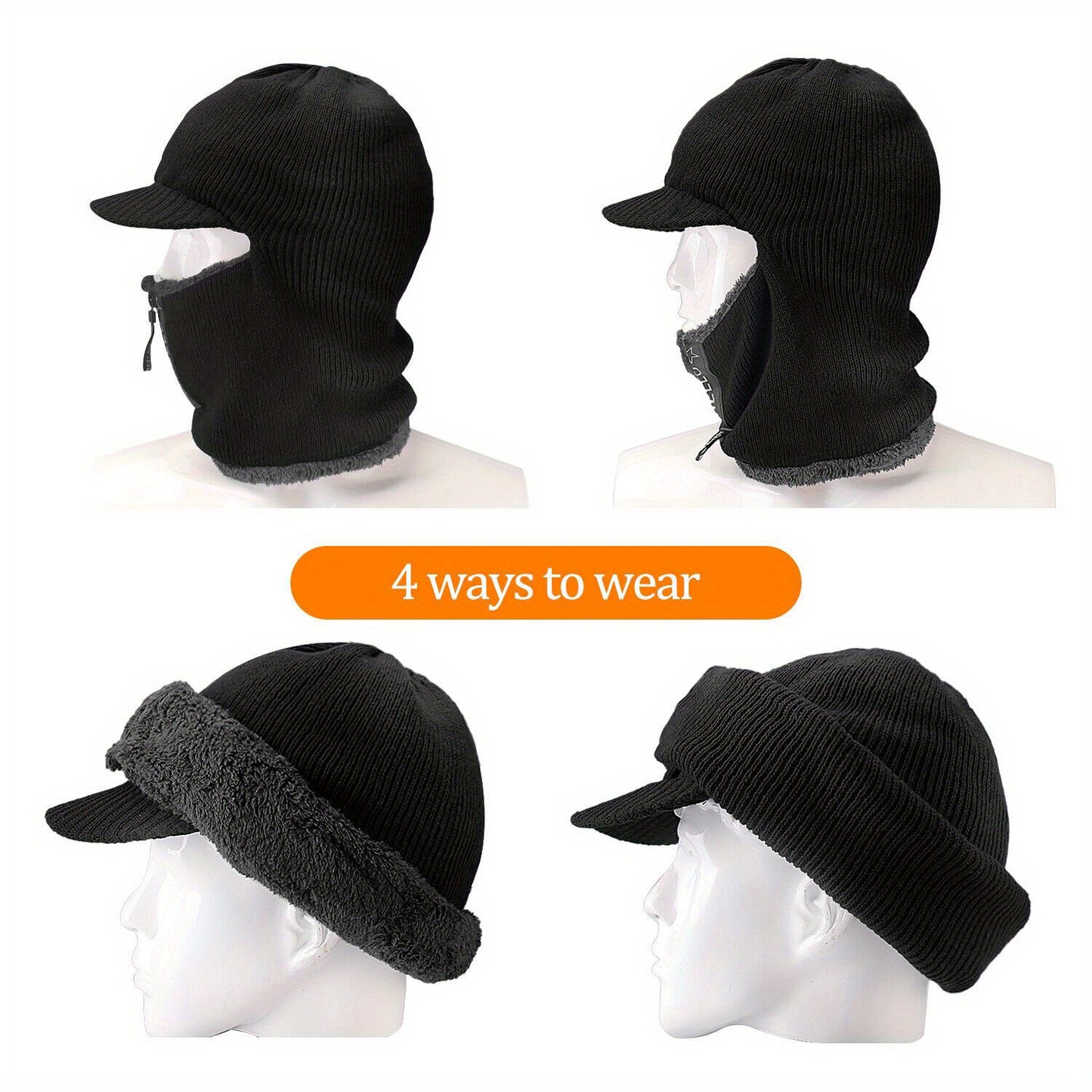 2 pieces Winter Hat Scarf Mask Set, Motorcycle Winter Warm Urine Cap with Thick and Cold Resistant Knitted Hat Wool Skiing Mask with Zipper Solid Color Motorcycle Bicycle Windproof Balaclava Men's and Women's Outdoor Cycling