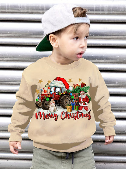 Boys' Cozy Fleece-Lined Christmas Sweatshirt with Festive Tractor Print - Casual Long Sleeve Pullover for Fall/Winter