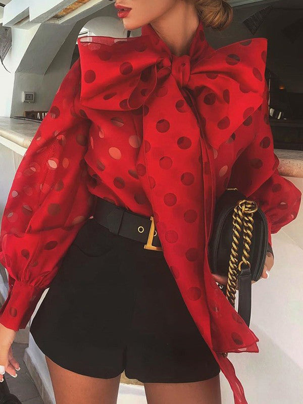 xakxx Loose Puff Sleeves Bowknot Pleated Polka-Dot See-Through Split-Joint High Neck Blouses