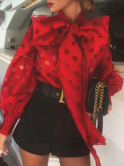 xakxx Loose Puff Sleeves Bowknot Pleated Polka-Dot See-Through Split-Joint High Neck Blouses