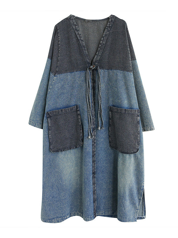 xakxx Artistic Retro Denim Long Sleeves Loose Tied Split-Joint Trench Outerwear