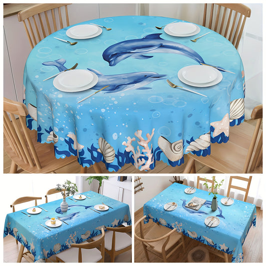 1pc Ocean Theme Seashell Dolphin Pattern Tablecloth - Embossed Edges Decorative Table Cover with Crafted Room Decor