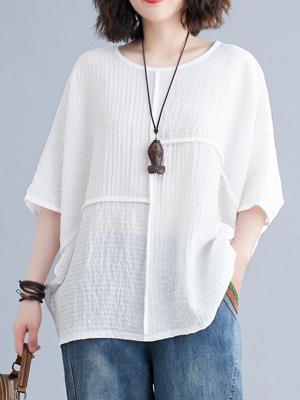 xakxx Batwing Sleeves Loose Solid Color Split-Joint Round-Neck T-Shirts Tops