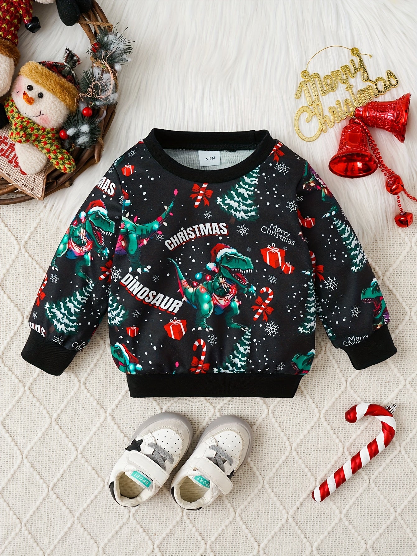 Cute Trendy Christmas Dinosaur Cartoon Graphic Boys Casual T-shirt, Baby's Long Sleeve Creative Graphic Tees Top