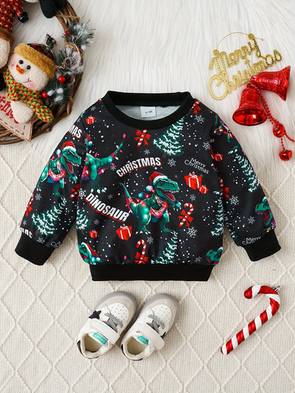 Cute Trendy Christmas Dinosaur Cartoon Graphic Boys Casual T-shirt, Baby's Long Sleeve Creative Graphic Tees Top