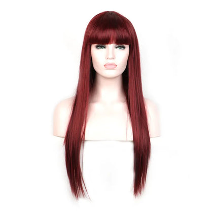 WoodFestival long straight hair wigs heat resistant synthetic fiber burgundy black brown flax wig with bangs 70cm realistic sof women