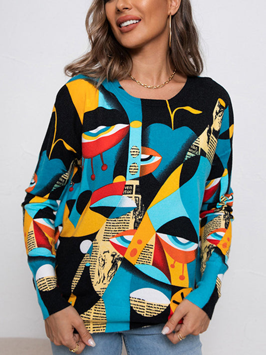 xakxx Long Sleeves Figure Printed Round-Neck Knitwear Pullovers Sweater Tops