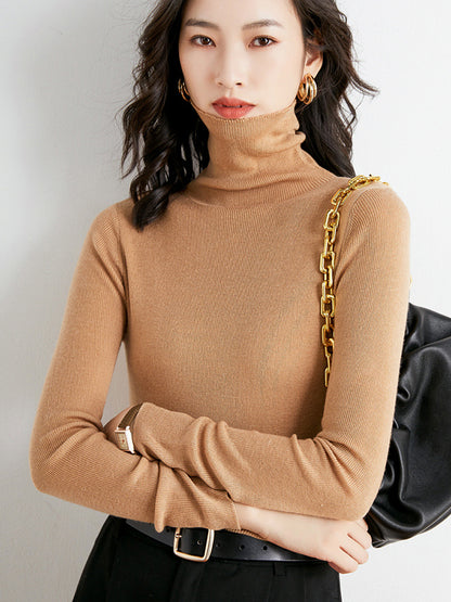 xakxx Simple Skinny Long Sleeves Solid Color High-Neck Sweater Tops Pullovers