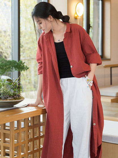 xakxx Artistic Retro Loose Simple Casual Solid Color Ramie Trench Coat