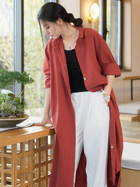 xakxx Artistic Retro Loose Simple Casual Solid Color Ramie Trench Coat