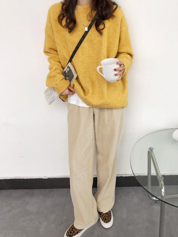 xakxx Simple Loose Long Sleeves Round-Neck Sweater Tops Pullovers