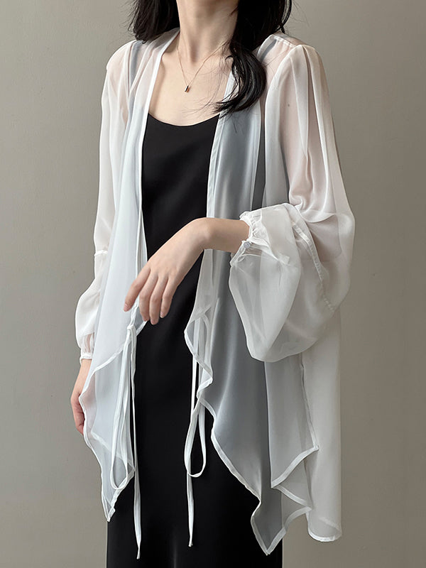 xakxx Bishop Sleeve Long Sleeves See-Through Split-Joint Tied Collarless Blouses&Shirts Tops