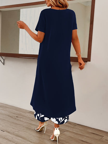 Womens Elegant Pants Set - Stylish Solid Color with Asymmetrical Hem Design, Comfortable Crew Neck Short Sleeve Top, Vibrant Floral Print Pants - Perfect for Spring and Summer Seasons, Complete Outfits for a Stylish Ensemble