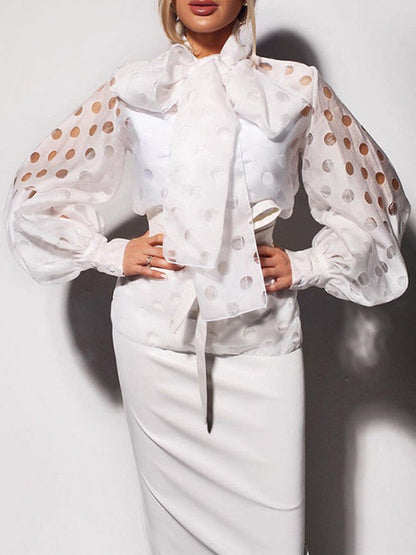 xakxx Loose Puff Sleeves Bowknot Pleated Polka-Dot See-Through Split-Joint High Neck Blouses