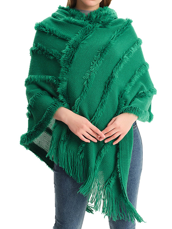 xakxx Hooded Keep Warm Solid Color Tasseled Cape Shawl&Cloak