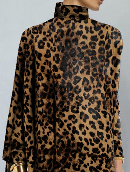 xakxx Long Sleeves Loose Leopard Printed High Neck T-Shirts