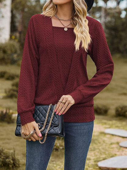 xakxx Long Sleeves Loose Colorful Solid Color Square-Neck T-Shirts Tops