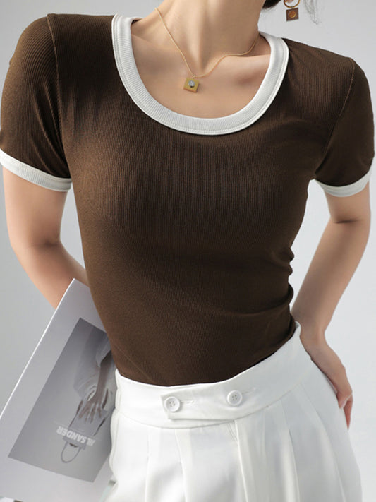 xakxx Short Sleeves Skinny Contrast Color Round-Neck T-Shirts