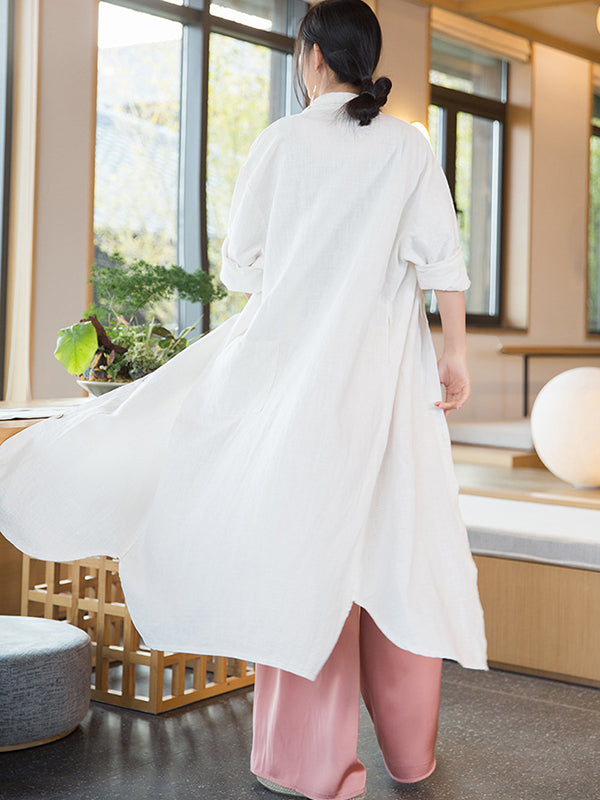 xakxx Artistic Retro Loose Simple Casual Solid Color Ramie Trench Coat